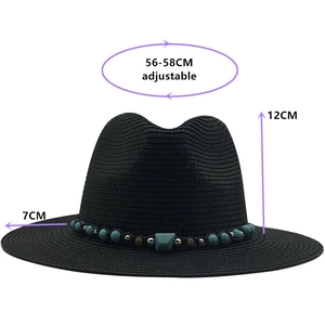 Women's black straw hat with bohemian bead band and adjustable 56-58cm fit