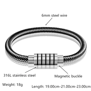 Minimalist black braided steel wire men's bracelet with a 316L stainless steel magnetic buckle