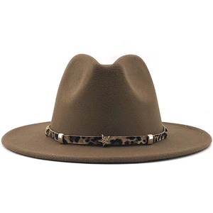 Detailed view of brown wool fedora with leopard print band and gold star buckle