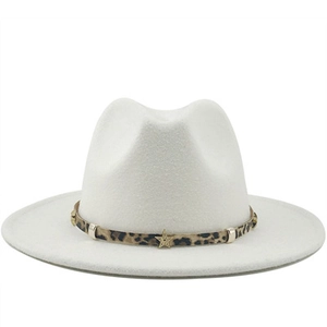Close-up of a white wool fedora hat featuring a leopard print band and a gold star stud