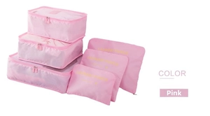 Pink 6-piece travel organizer set with mesh cubes and laundry pouches for luggage