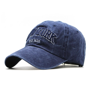 Washed navy blue cotton baseball cap with white New York 1625 embroidery in 45-degree view