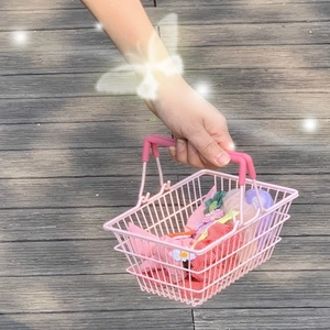 Pink metal mini shopping basket for desktop organization and storage of small accessories