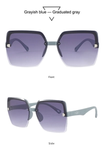 Detailed view of grayish blue half-frame sunglasses with gradient purple lenses and side accents