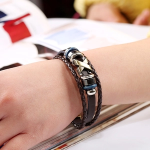 Multilayer brown leather braided bracelet with bronze X metal charm for men and women