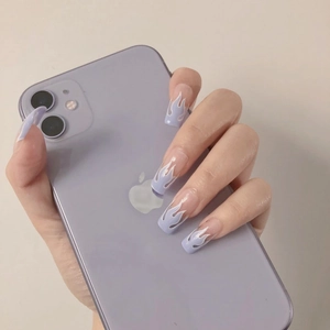 Long Coffin Press On Nails Flame Pattern Glossy Art False Nails For Women Daily Manicure