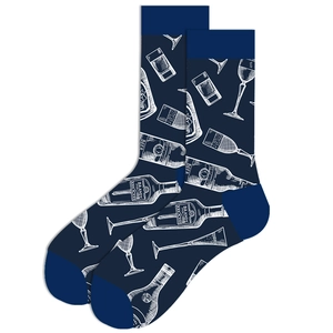 Detail of navy blue crew socks with white wine glass and beer bottle pattern graphics