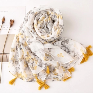 Elegant white butterfly print scarf with vibrant yellow tassels for women’s summer styling