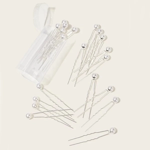 Bridal pearl hair pins set with silver U-shape forks and clear storage cylinder case
