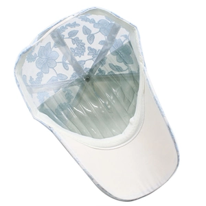 Detail of light blue floral lace embroidery and mesh texture on women baseball cap