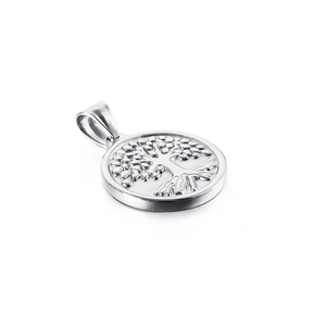 Polished stainless steel Tree of Life circular pendant with detailed tree relief pattern