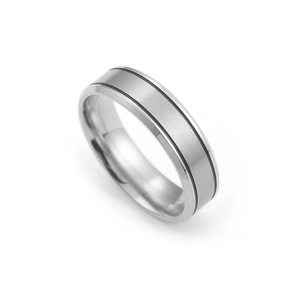 Minimalist stainless steel couple ring with matte finish and black groove details
