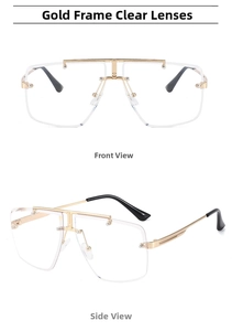 Detailed views showing gold metal rimless frames and clear lenses of square sunglasses