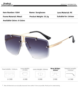 Detailed size specifications for rimless square sunglasses with gold metal frame and PC lenses
