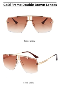 Detailed front and side view of rimless square sunglasses with gold trim and brown gradient lenses
