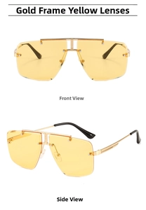 Detailed front and side views of gold rimless sunglasses with vibrant yellow lenses