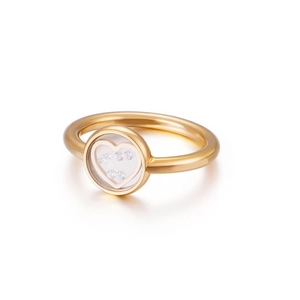 Golden ring with floating diamonds and heart crystal on white background main view