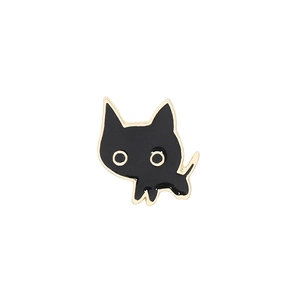 Detailed view of a minimalist black cat enamel pin with golden metal outlines