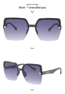 Detail view of black square half-frame sunglasses with purple gradient lenses and silver logo