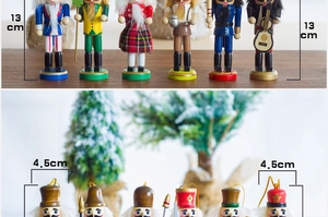 Detail view of 13cm wooden nutcracker soldiers set showing size specs and colorful ornaments