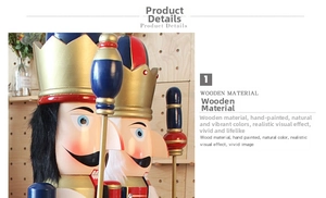 Detail of 180cm wooden nutcracker king with hand-painted gold and red finish