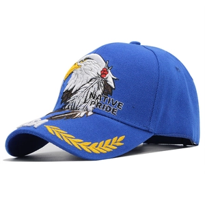 Blue camouflage baseball cap with bald eagle embroidery and Native Pride text detail