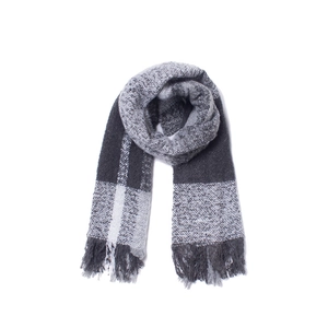 Close-up of soft black and white plaid scarf with fringe detail on white background