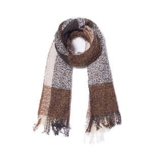 Close-up of brown and beige plaid scarf with soft knitted texture and fringed edges