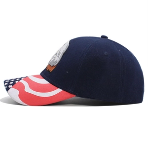 Navy blue baseball cap with eagle embroidery and American flag pattern on the brim