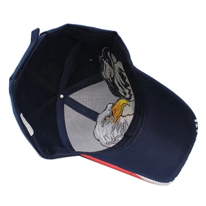 Detailed interior of navy baseball cap featuring eagle embroidery and tri-color brim design