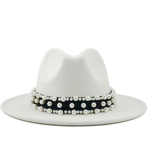 Elegant Cashmere Woolen Fedora Hat For Women Wide Brim Jazz Hat With Pearl Band Decoration Formal Party Wedding Hat