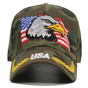 Camouflage baseball cap featuring eagle embroidery and USA flag design for a military look