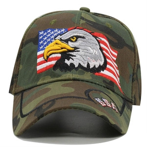 Detailed eagle embroidery and USA flags on woodland camouflage tactical baseball cap