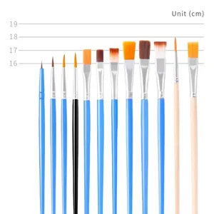 Size chart showing 12 different nylon hair brushes from 16cm to 19cm in various brush tips