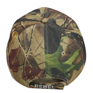 Camo baseball cap with embroidered Rebel strap and adjustable back closure detail