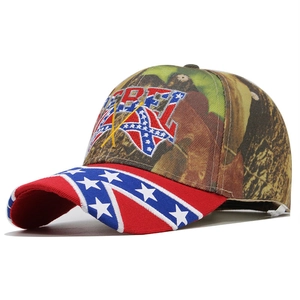 Detailed side view of camouflage baseball cap featuring REBEL embroidery and flag emblem