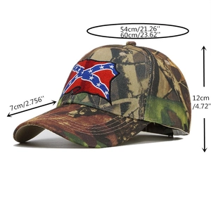 Size chart for camouflage baseball cap with embroidered skull patch showing dimensions