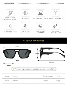 Detailed size chart for punk sunglasses featuring frame width and PC material specs
