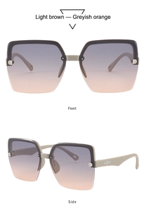 Detail view of square half-frame sunglasses with blue to pink gradient lenses and metal logo