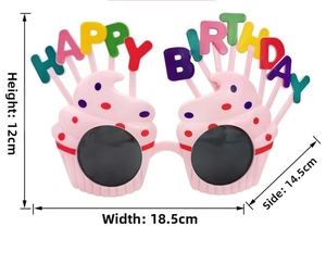 Detailed dimensions of pink cupcake Happy Birthday party glasses with rainbow letters