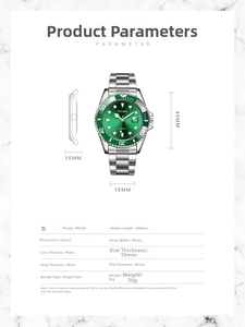 Detailed specs of green dial quartz watch with 40mm steel case and 18mm band width