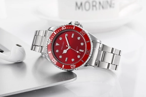 Macro view of YOLAKO men's fashion quartz watch with red dial and silver steel strap