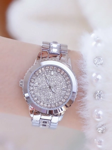 Macro shot of silver stainless steel watch with luxury full crystal inlay and metal band