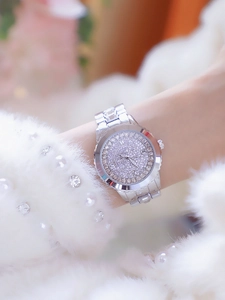 Detail of luxury women's silver watch with full crystal inlay on fur cuff