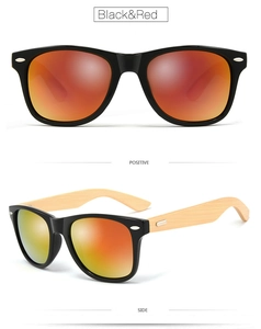Front and side views of black sunglasses with orange mirror lenses and bamboo wood temples