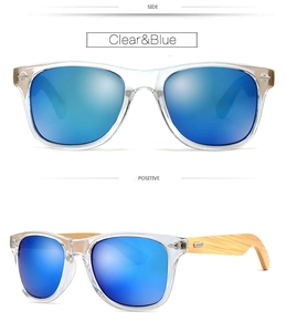 Detail showing colorful reflective blue lenses and natural bamboo wood arms on clear frame