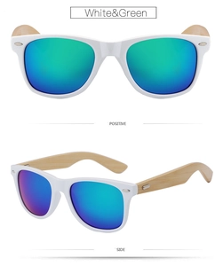 Detailed views of white sunglasses with green mirrored lenses and natural bamboo temples
