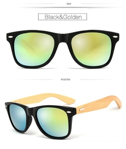 Dual views showing black frames with gold mirrored lenses and natural bamboo temples