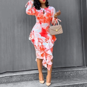 Robe orange à fleurs avec ourlet à volants et manches longues, élégante coupe midi