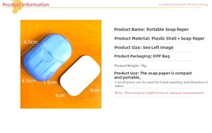 Detailed view showing dimensions of portable soap sheets in a blue travel case